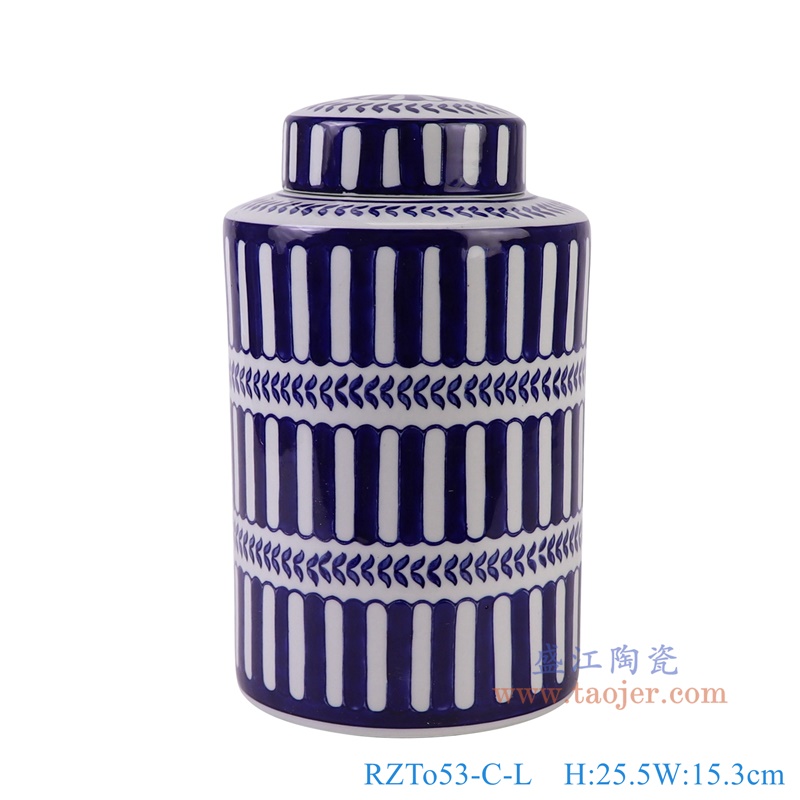 青花蓝底竖纹直筒茶叶罐大号,产品编号:RZTo53-C-L 产品尺寸(单位cm): 高25.5直径15.3口径底径重量1.5KG