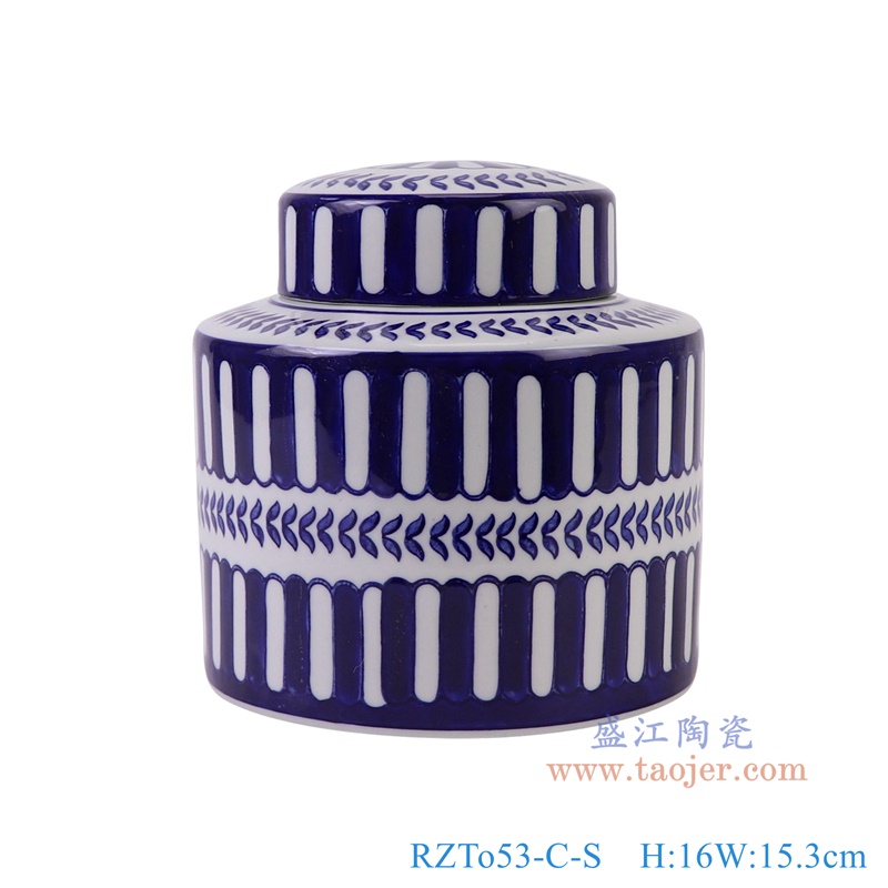 青花蓝底竖纹直筒茶叶罐小号,产品编号:RZTo53-C-S 产品尺寸(单位cm): 高16直径15.3口径底径重量1.1KG