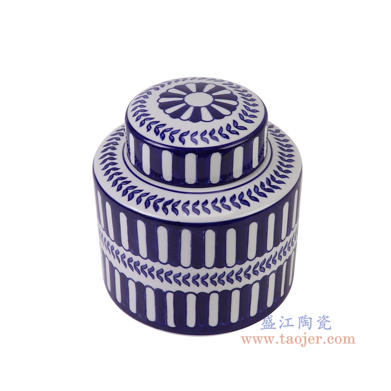 青花蓝底竖纹直筒茶叶罐小号,产品编号:RZTo53-C-S 产品尺寸(单位cm): 高16直径15.3口径底径重量1.1KG
