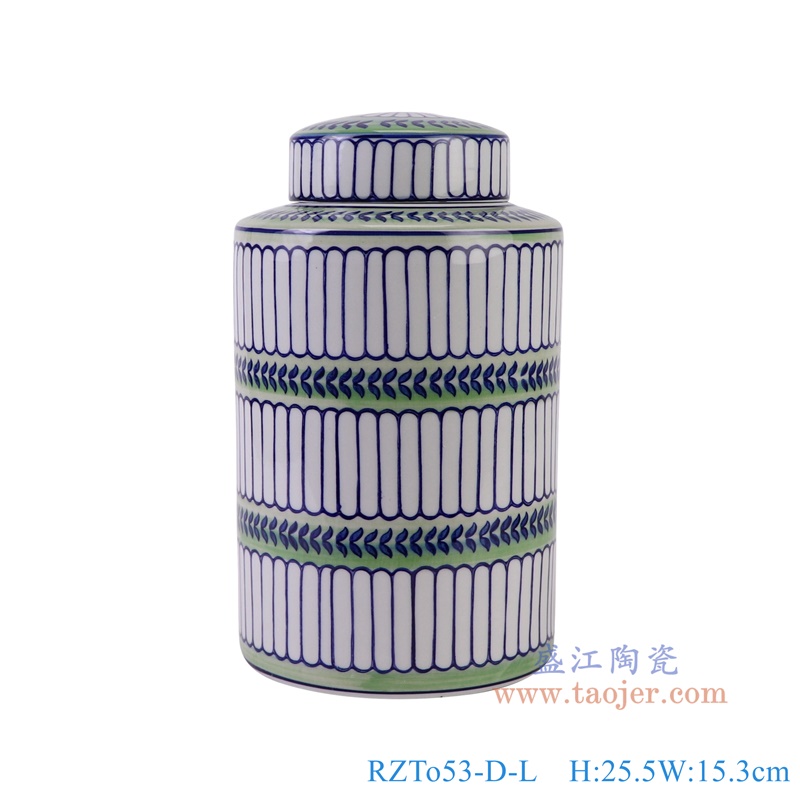 青花蓝绿相间竖纹直筒茶叶罐大号,产品编号:RZTo53-D-L 产品尺寸(单位cm): 高25.5直径15.3口径底径重量1.5KG