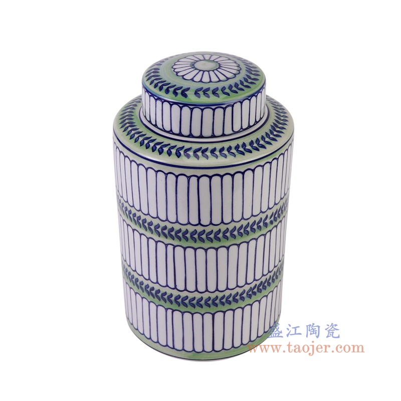青花蓝绿相间竖纹直筒茶叶罐大号,产品编号:RZTo53-D-L 产品尺寸(单位cm): 高25.5直径15.3口径底径重量1.5KG