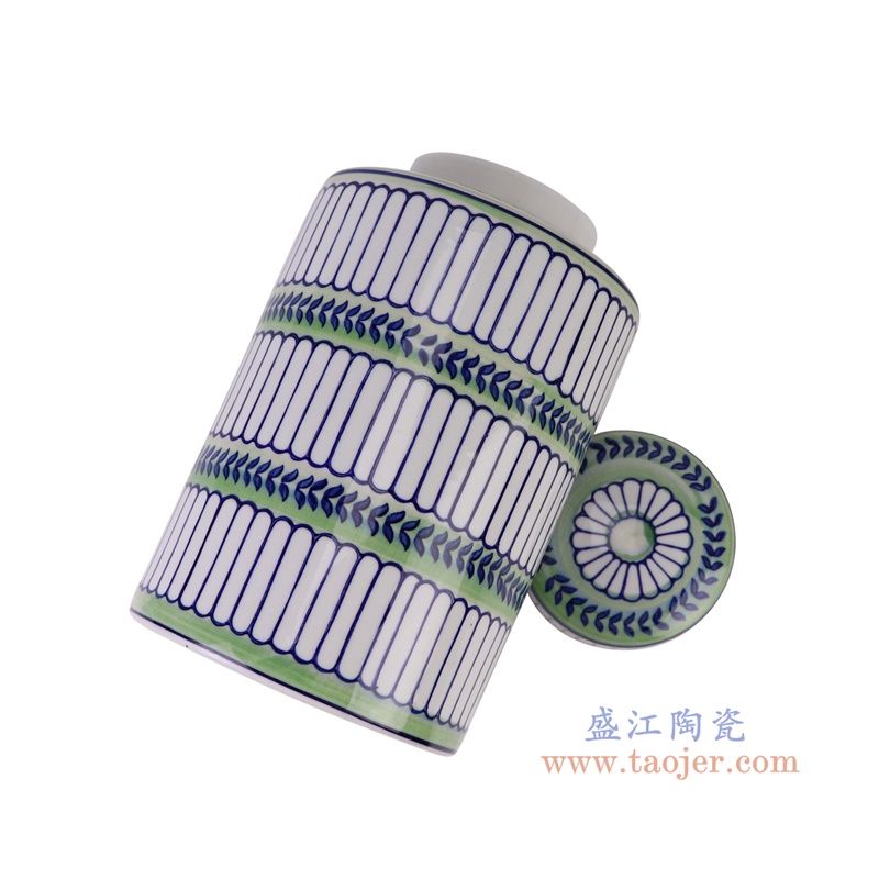 青花蓝绿相间竖纹直筒茶叶罐大号,产品编号:RZTo53-D-L 产品尺寸(单位cm): 高25.5直径15.3口径底径重量1.5KG
