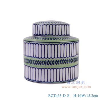 RZTo53-D-S   青花蓝绿相间竖纹直筒茶叶罐小号， 高16直径15.3口径底径重量1.1KG