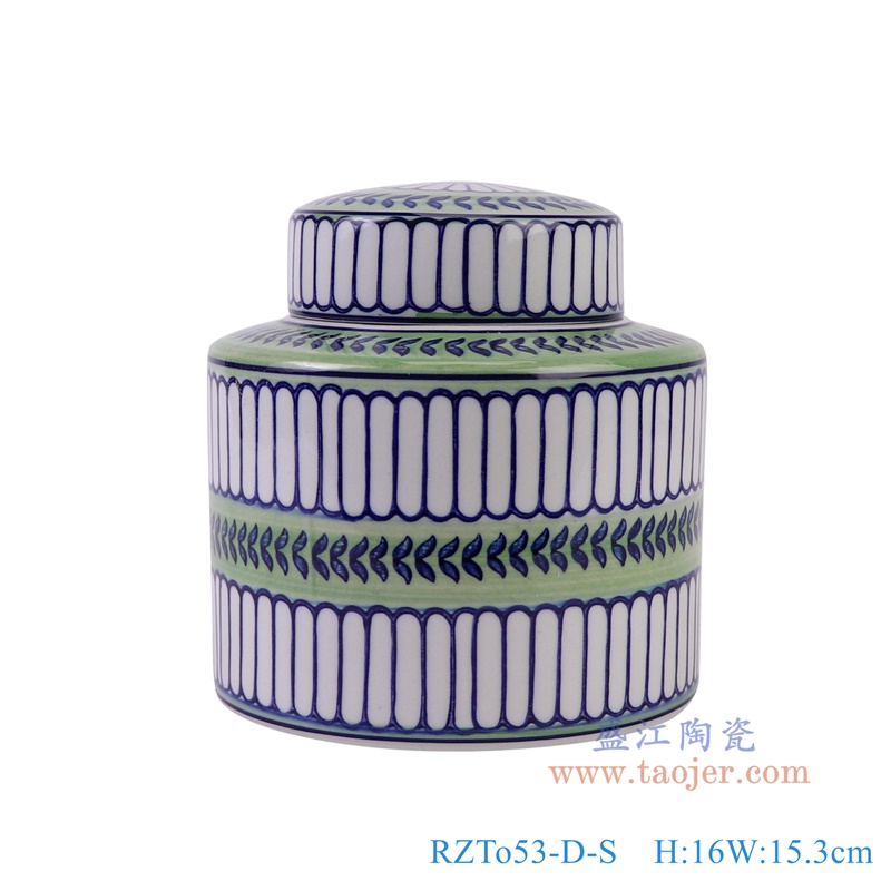 青花蓝绿相间竖纹直筒茶叶罐小号,产品编号:RZTo53-D-S 产品尺寸(单位cm): 高16直径15.3口径底径重量1.1KG