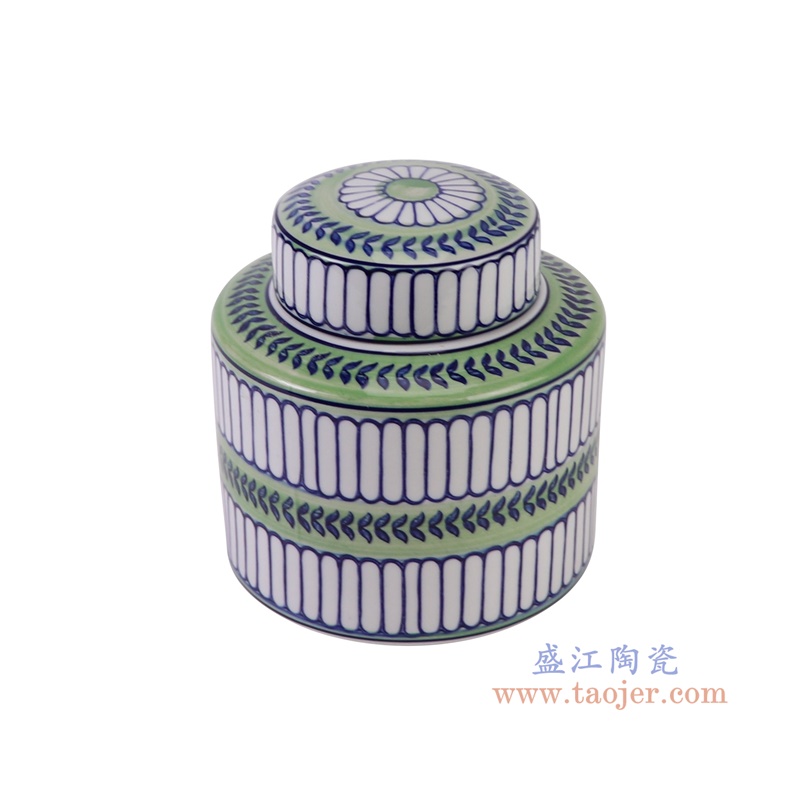 青花蓝绿相间竖纹直筒茶叶罐小号,产品编号:RZTo53-D-S 产品尺寸(单位cm): 高16直径15.3口径底径重量1.1KG