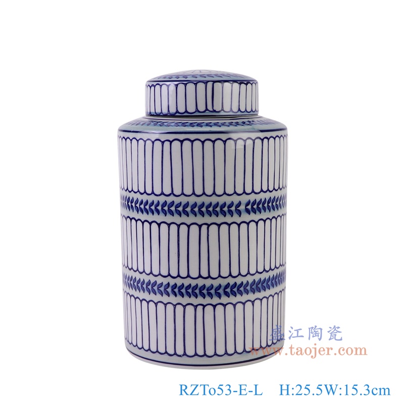 青花浅蓝竖纹直筒茶叶罐大号,产品编号:RZTo53-E-L 产品尺寸(单位cm): 高25.5直径15.3口径底径重量1.5KG
