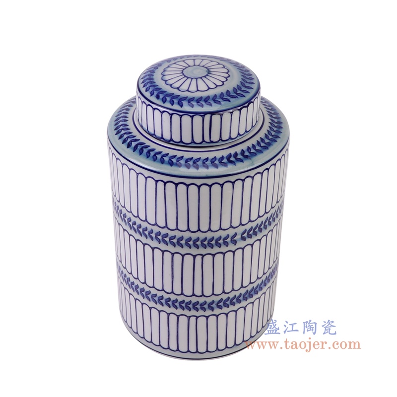 青花浅蓝竖纹直筒茶叶罐大号,产品编号:RZTo53-E-L 产品尺寸(单位cm): 高25.5直径15.3口径底径重量1.5KG
