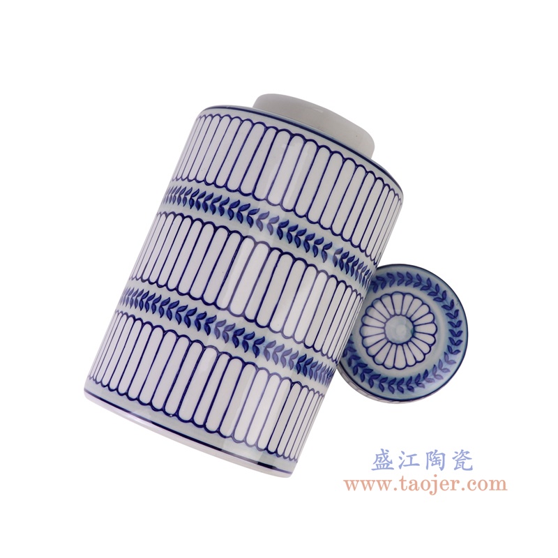 青花浅蓝竖纹直筒茶叶罐大号，产品编号：RZTo53-E-L       产品尺寸(单位cm):  高25.5直径15.3口径底径重量1.5KG