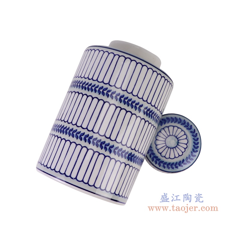 青花浅蓝竖纹直筒茶叶罐大号,产品编号:RZTo53-E-L 产品尺寸(单位cm): 高25.5直径15.3口径底径重量1.5KG