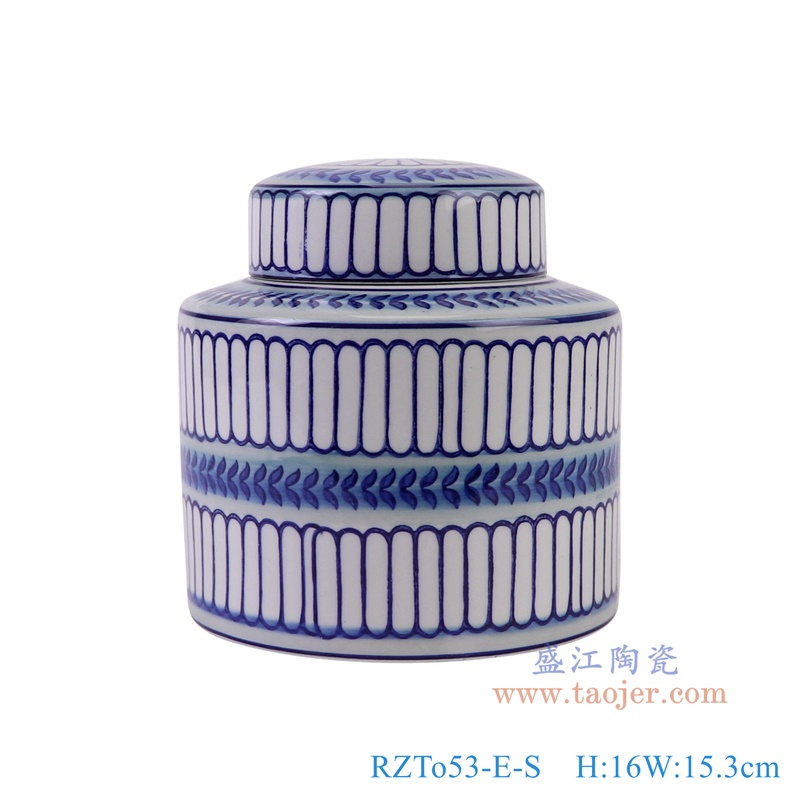 花浅蓝竖纹直筒茶叶罐小号,产品编号:RZTo53-E-S 产品尺寸(单位cm): 高16直径15.3口径底径重量1.1KG