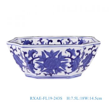 RXAE-FL19-243S   青花缠枝莲长方八边碗小号，    高7.5直径18口径底径重量KG