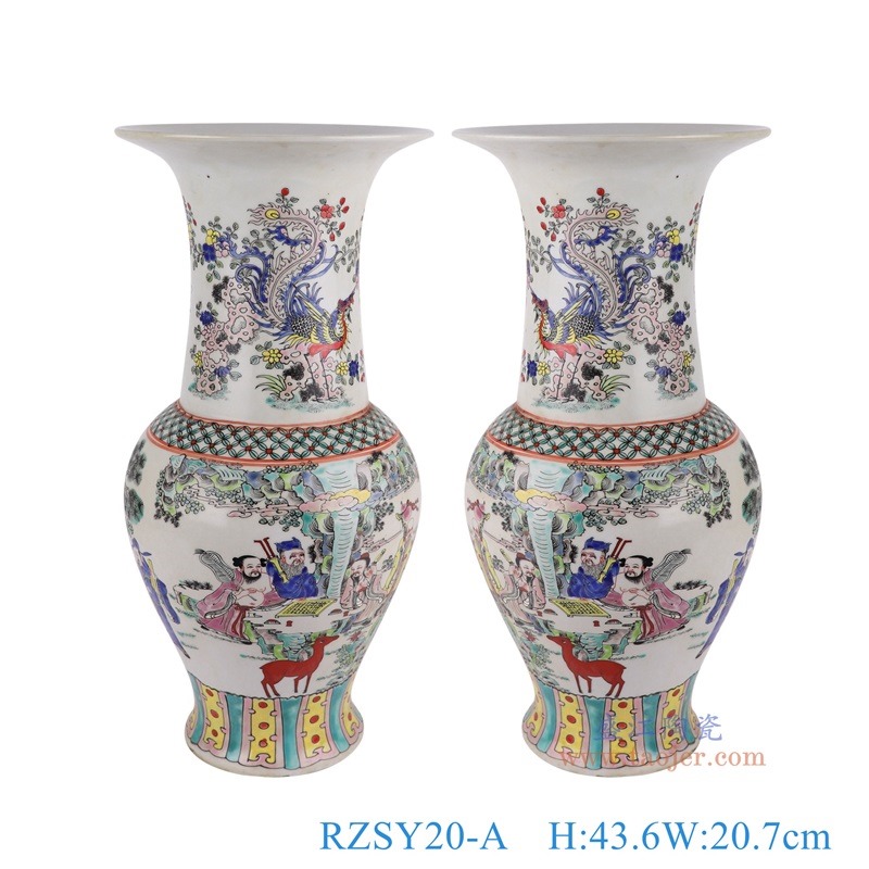 粉彩八仙人物花觚瓶，产品编号：RZSY20-A       产品尺寸(单位cm):  高43.6直径20.7口径20底径13.2重量3.5KG