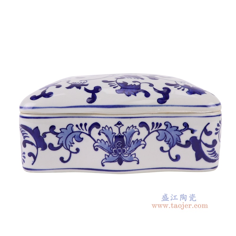 青花缠枝莲长方形糖果盒，产品编号：RXAE-FL15-439       产品尺寸(单位cm):  高8.7直径20口径21底径重量1.4KG