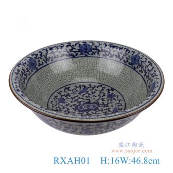 RXAH01    仿古开片青花缠枝莲大碗，    高16直径46.8口径16.2底径21.5重量8.25KG