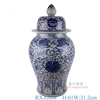 RXAH04   仿古开片青花缠枝莲将军罐，   高61直径31.2口径20.4底径21.4重量14.4KG
