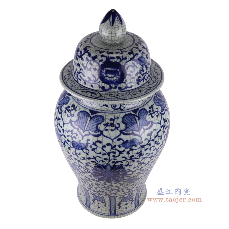 仿古开片青花缠枝莲将军罐，产品编号：RXAH04       产品尺寸(单位cm):  高61直径31.2口径20.4底径21.4重量14.4KG