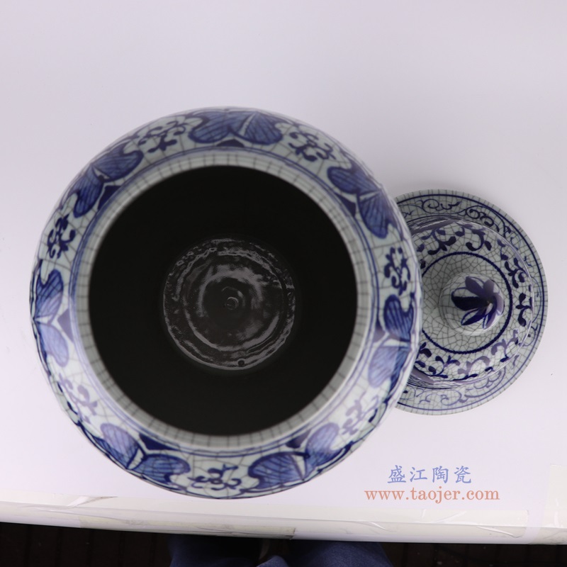 仿古开片青花缠枝莲将军罐，产品编号：RXAH04       产品尺寸(单位cm):  高61直径31.2口径20.4底径21.4重量14.4KG