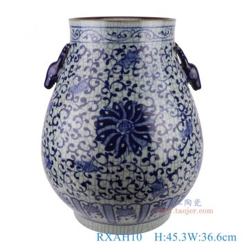 RXAH10   仿古青花开片缠枝莲鹿耳福筒瓶，    高45.3直径36.6口径19.8底径22重量15.55KG