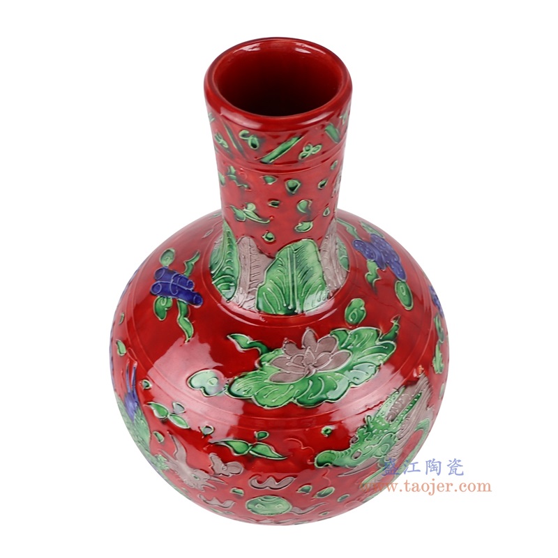 红底雕刻龙凤呈祥纹天球瓶大号，产品编号：RXAJ01-A       产品尺寸(单位cm):  高31.3直径20.7口径19.5底径10.5重量2KG