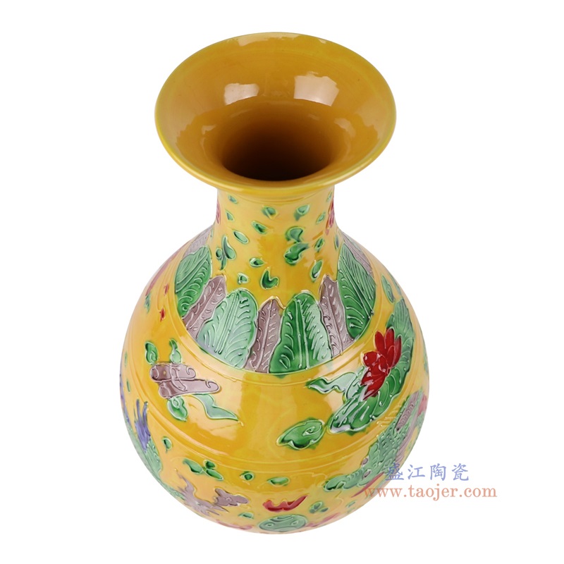 黄底雕刻龙凤呈祥纹玉壶春瓶大号，产品编号：RXAJ03-B       产品尺寸(单位cm):  高32.2直径19.5口径底径11重量1.75KG