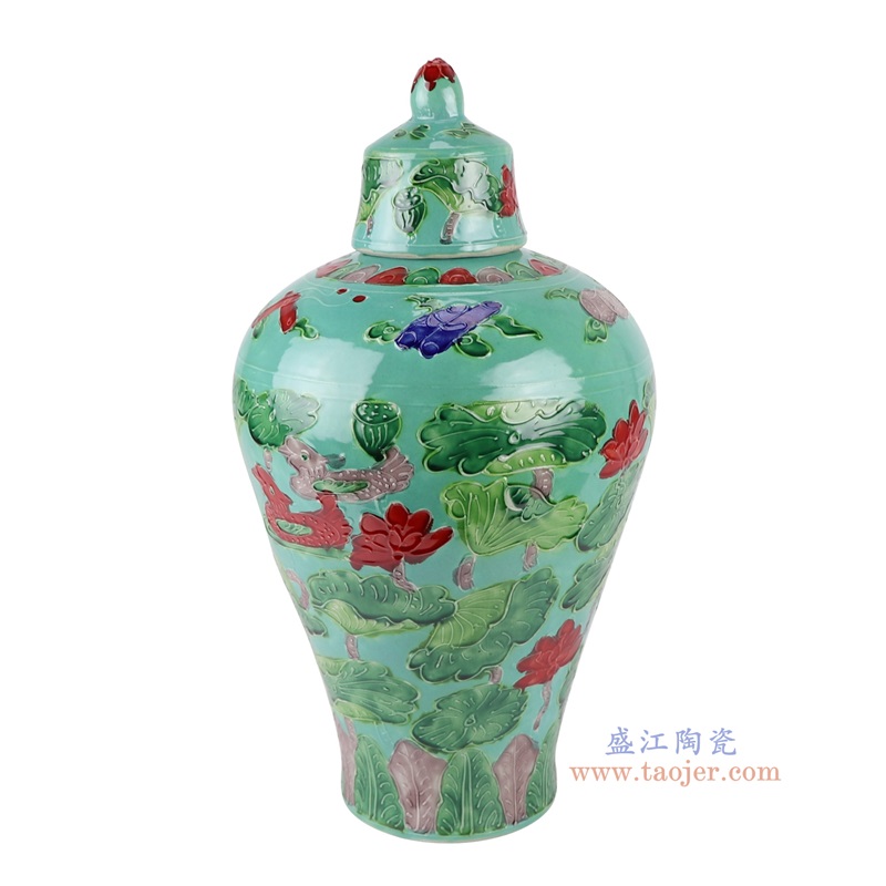 绿底雕刻鸳鸯戏水荷花纹带盖梅瓶大号，产品编号：RXAJ06-D       产品尺寸(单位cm):  高38.5直径20.6口径底径10.8重量2.5KG