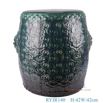 RYIR140    绿釉雕刻祥云纹狮子头耳凳子凉墩，     高42直径42口径19.8底径重量12KG