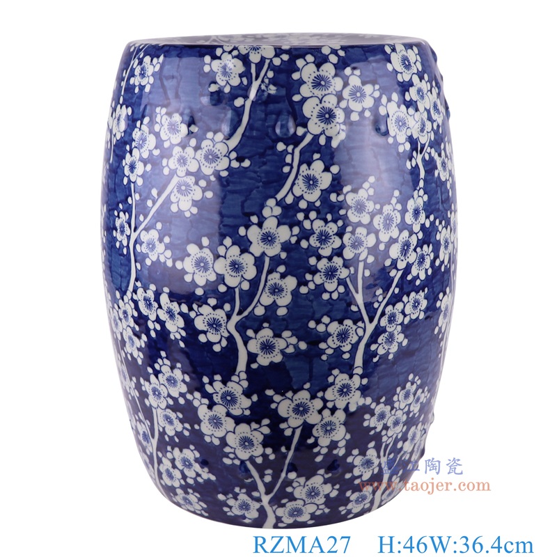 青花冰梅凳子凉墩,产品编号:RZMA27 产品尺寸(单位cm): 高46直径36.4口径12底径29重量10.65KG