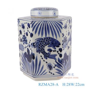 RZMA28-A    青花鱼藻纹六面茶叶罐，    高28直径22口径25.3底径重量3.5KG