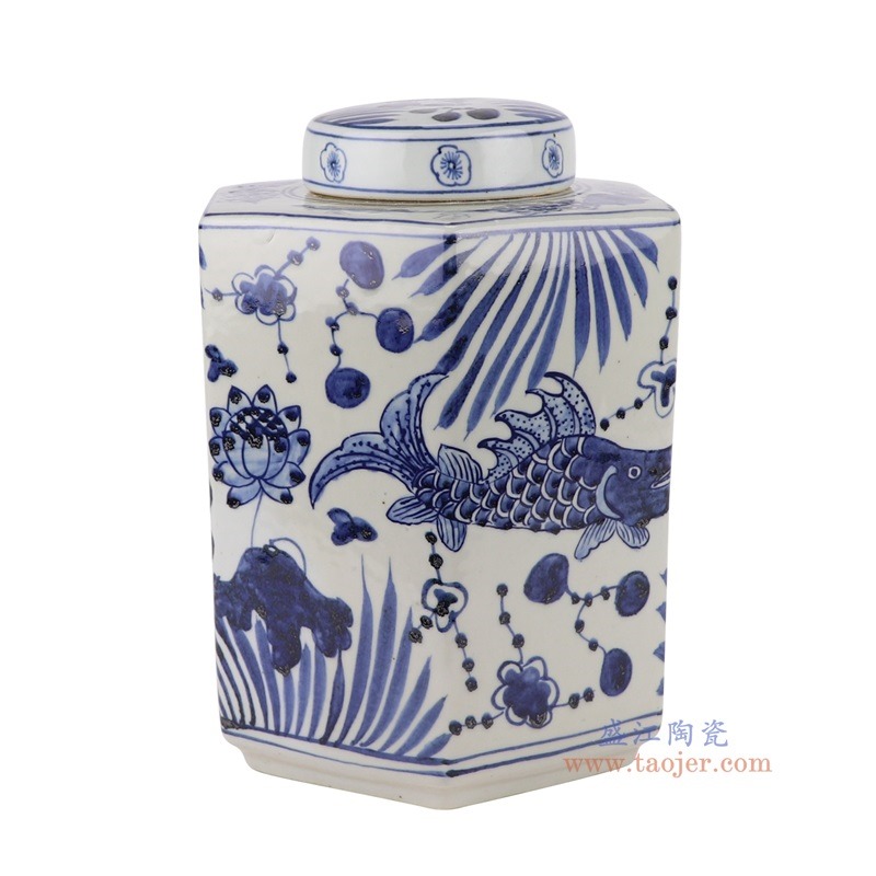 青花鱼藻纹六面茶叶罐，产品编号：RZMA28-A       产品尺寸(单位cm):  高28直径22口径25.3底径重量3.5KG