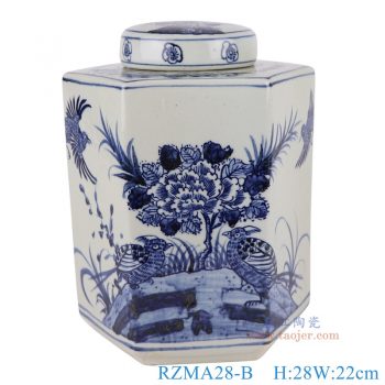 RZMA28-B   青花花鸟六面茶叶罐，    高28直径22口径16.7底径重量3.5KG