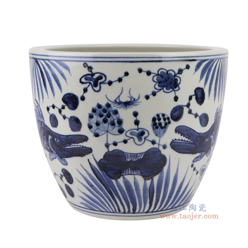 RZMA29-C 青花鱼藻纹小缸花盆， 高20直径24.7口径底径15.6重量3.25KG 