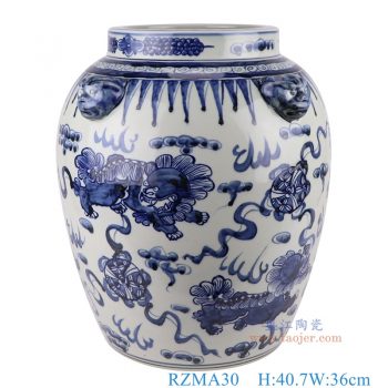 RZMA30   青花狮子纹狮子头耳大缸，     高40.7直径36口径15.6底径23.3重量9.05KG