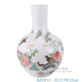 RZNF13    粉彩花鸟安居乐业平安图天球瓶，    高32.5直径22口径20.2底径11.5重量2.5KG