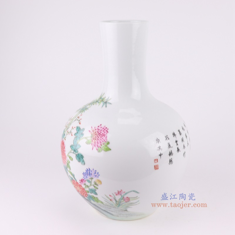 粉彩花鸟安居乐业平安图天球瓶，产品编号：RZNF13       产品尺寸(单位cm):  高32.5直径22口径20.2底径11.5重量2.5KG