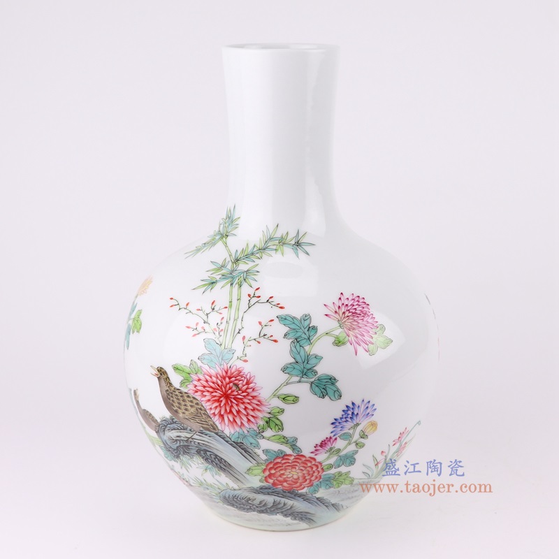 粉彩花鸟安居乐业平安图天球瓶，产品编号：RZNF13       产品尺寸(单位cm):  高32.5直径22口径20.2底径11.5重量2.5KG
