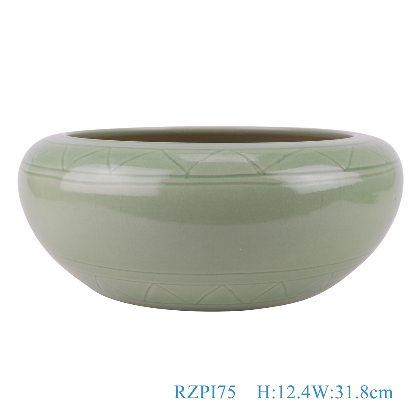 青釉雕刻线条纹水浅笔洗缸，产品编号：RZPI75       产品尺寸(单位cm):  高12.4直径31.8口径底径20.7重量3.15KG