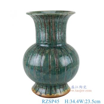 RZSP45    开片窑变绿釉雕刻竖纹花觚瓶，   高34.4直径23.5口径3.8底径16.7重量4.15KG