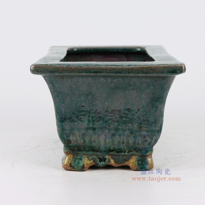 开片窑变绿釉长方形花盆香炉，产品编号：RZSP46       产品尺寸(单位cm):  高12.7直径23.5口径15底径长17.2宽10.3重量1.95KG