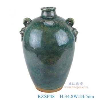 RZSP48   开片窑变绿釉狮子头双耳花瓶罐子  高34.8直径24.5口径17.2底径12.2重量3.25KG