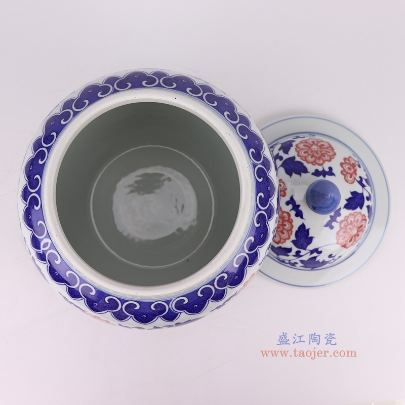青花釉里红缠枝莲将军罐将军坛,产品编号:RZTY03-C 产品尺寸(单位cm): 高26.8直径23.8口径3.5底径13.3重量3.1KG
