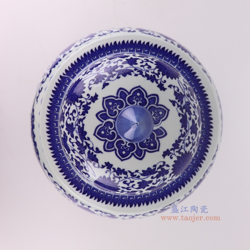 青花缠枝莲开窗花鸟纹将军罐将军坛，产品编号：RZTY04-A       产品尺寸(单位cm):  高32.2直径27.8口径底径15.4重量4.4KG