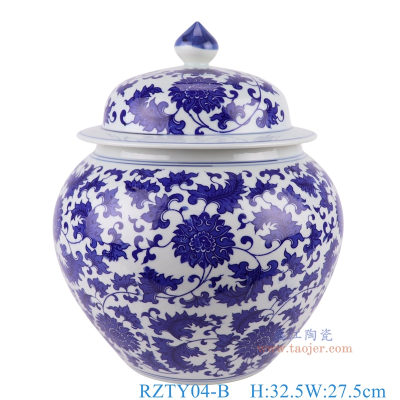 青花缠枝莲将军罐将军坛，产品编号：RZTY04-B       产品尺寸(单位cm):  高32.5直径27.5口径21.5底径15.2重量3.45KG