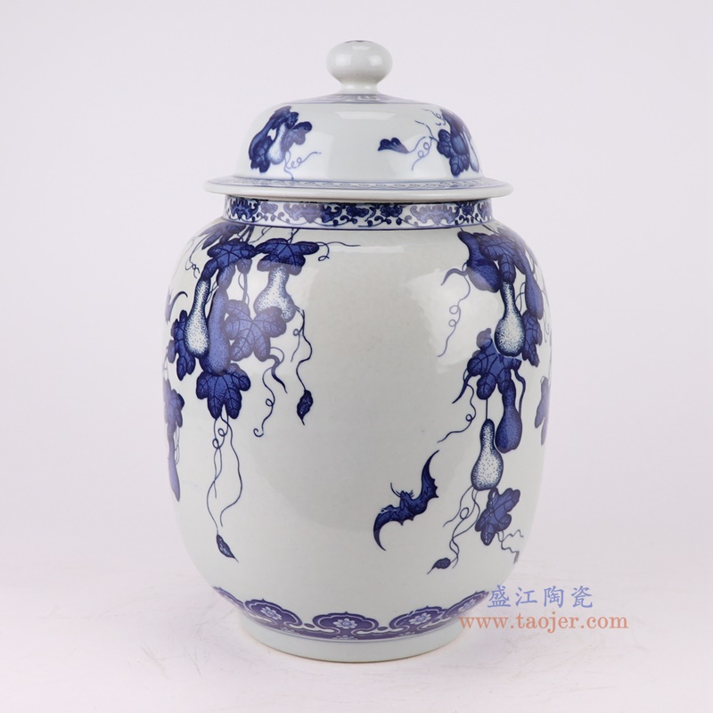 青花葫芦纹将军罐，产品编号：RZTY07-A       产品尺寸(单位cm):  高34.5直径22.3口径底径13.7重量4.15KG