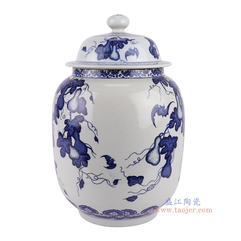 青花葫芦纹将军罐，产品编号：RZTY07-A       产品尺寸(单位cm):  高34.5直径22.3口径底径13.7重量4.15KG