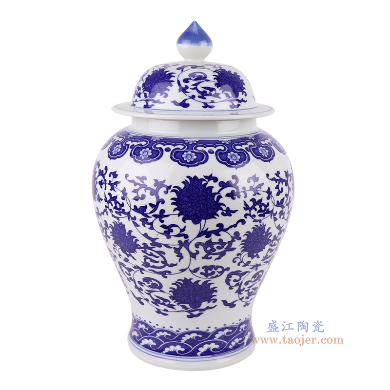 青花缠枝莲将军罐小号，产品编号：RZTY08-S       产品尺寸(单位cm):  高36直径21.5口径底径14.3重量3.45KG