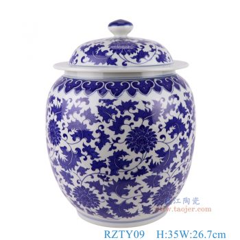 RZTY09   青花缠枝莲将军罐，  高35直径26.7口径底径16重量5.2KG