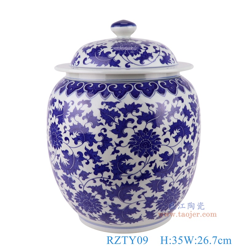 青花缠枝莲将军罐，产品编号：RZTY09       产品尺寸(单位cm):  高35直径26.7口径底径16重量5.2KG