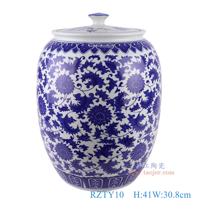 青花缠枝莲冬瓜罐米缸,产品编号:RZTY10 产品尺寸(单位cm): 高41直径30.8口径底径19.2重量7.6KG