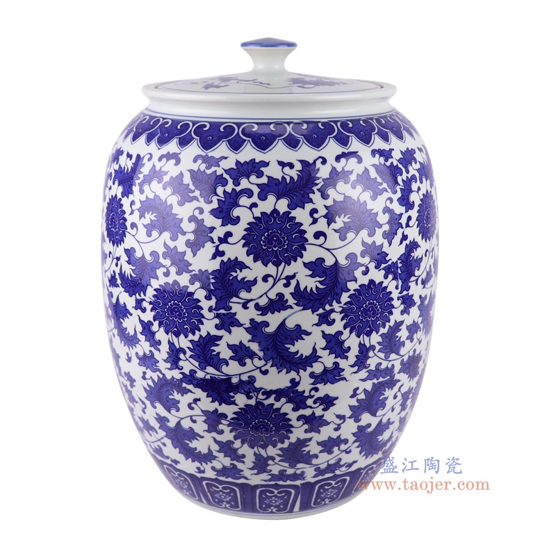 青花缠枝莲冬瓜罐米缸,产品编号:RZTY10 产品尺寸(单位cm): 高41直径30.8口径底径19.2重量7.6KG
