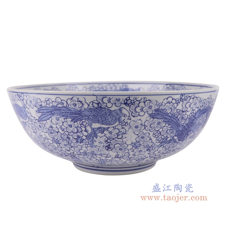 青花花鸟大碗正面图